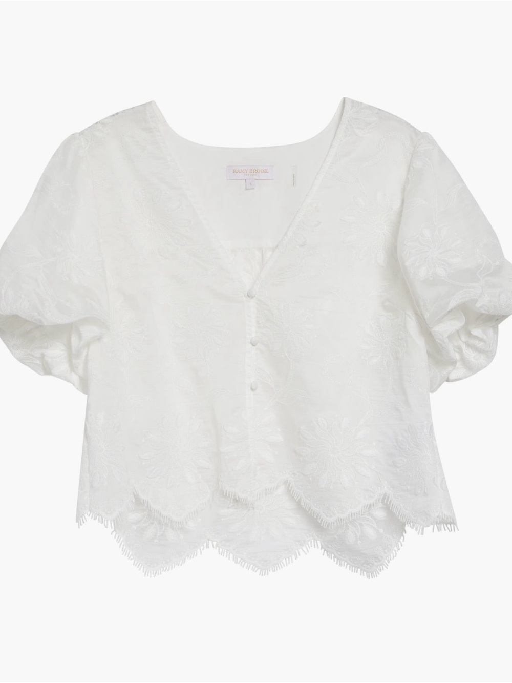 Ramy Brook Chrissie White Embroidered Puff Sleeve Top M $365